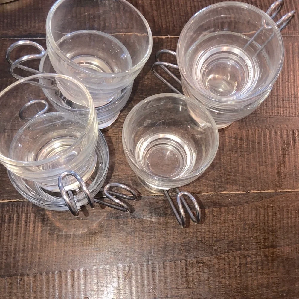Set of 7 mini espresso glass cups with silver handle